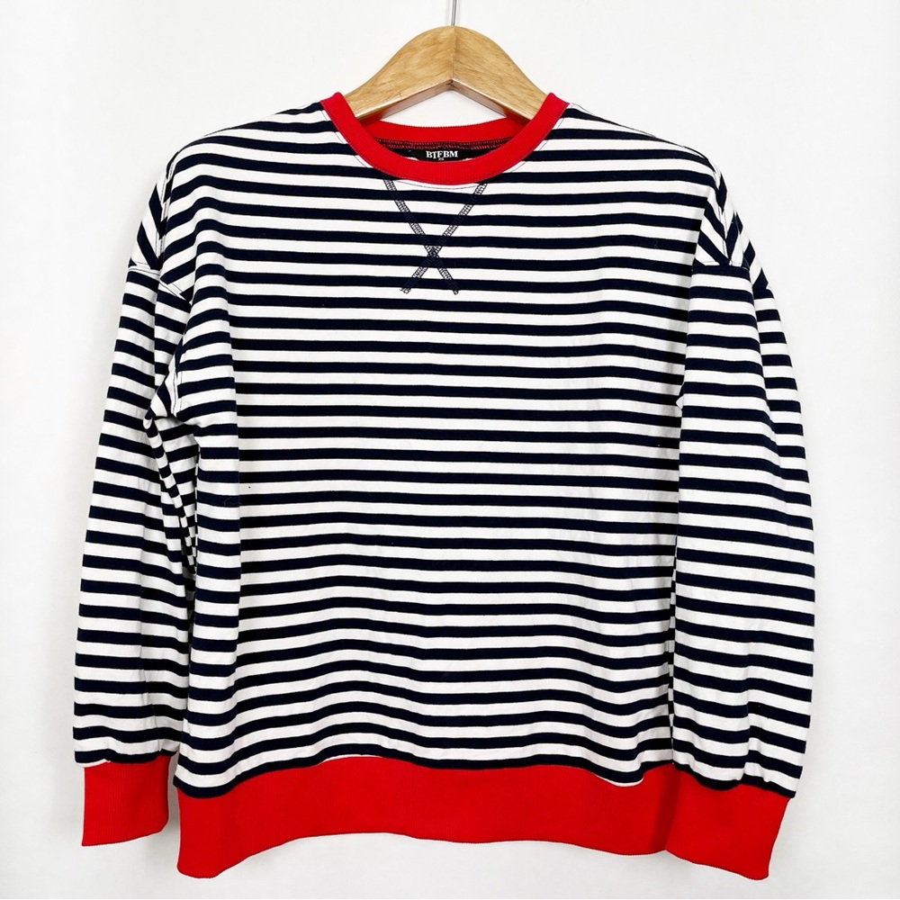 Nautical Oversized Navy and White Striped‎ Crewneck Sweater Red Trim Size XS